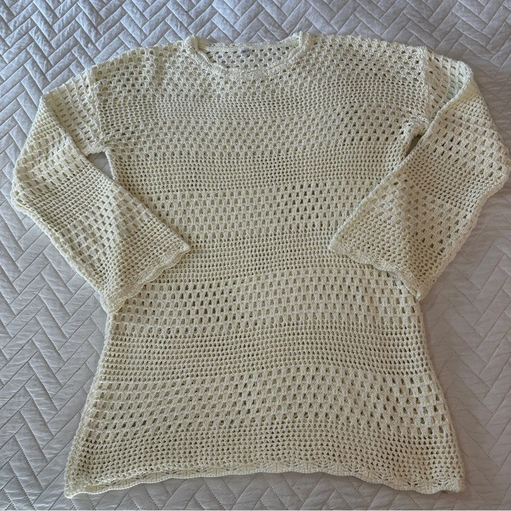 Cream Crochet Open Knit Sweater Tunic | Coastal Boho Beach Coverup Size M